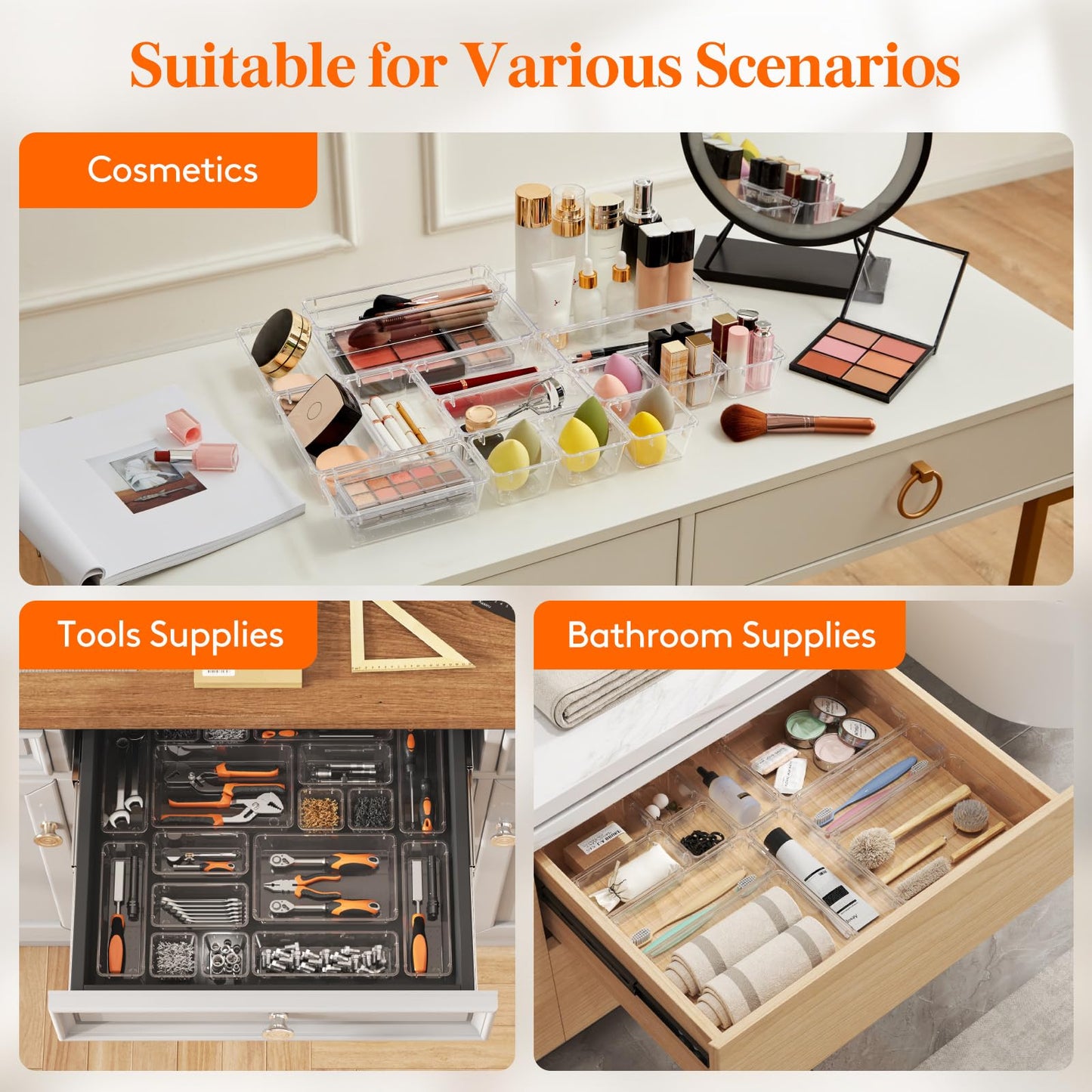 Lifewit 37PCS Clear Plastic Drawer Organizer Set