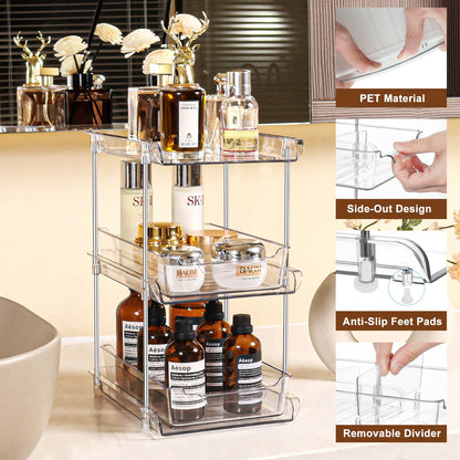 foroyalife 3 Tier 2 Pack Clear Pull-Out Home Organizers with 2pcs Storage Drawers, Multi-Purpose Slide-Out Organizers and Storage, Bathroom Organizer, Kitchen Organizer, Medicine Organizer Cabinet
