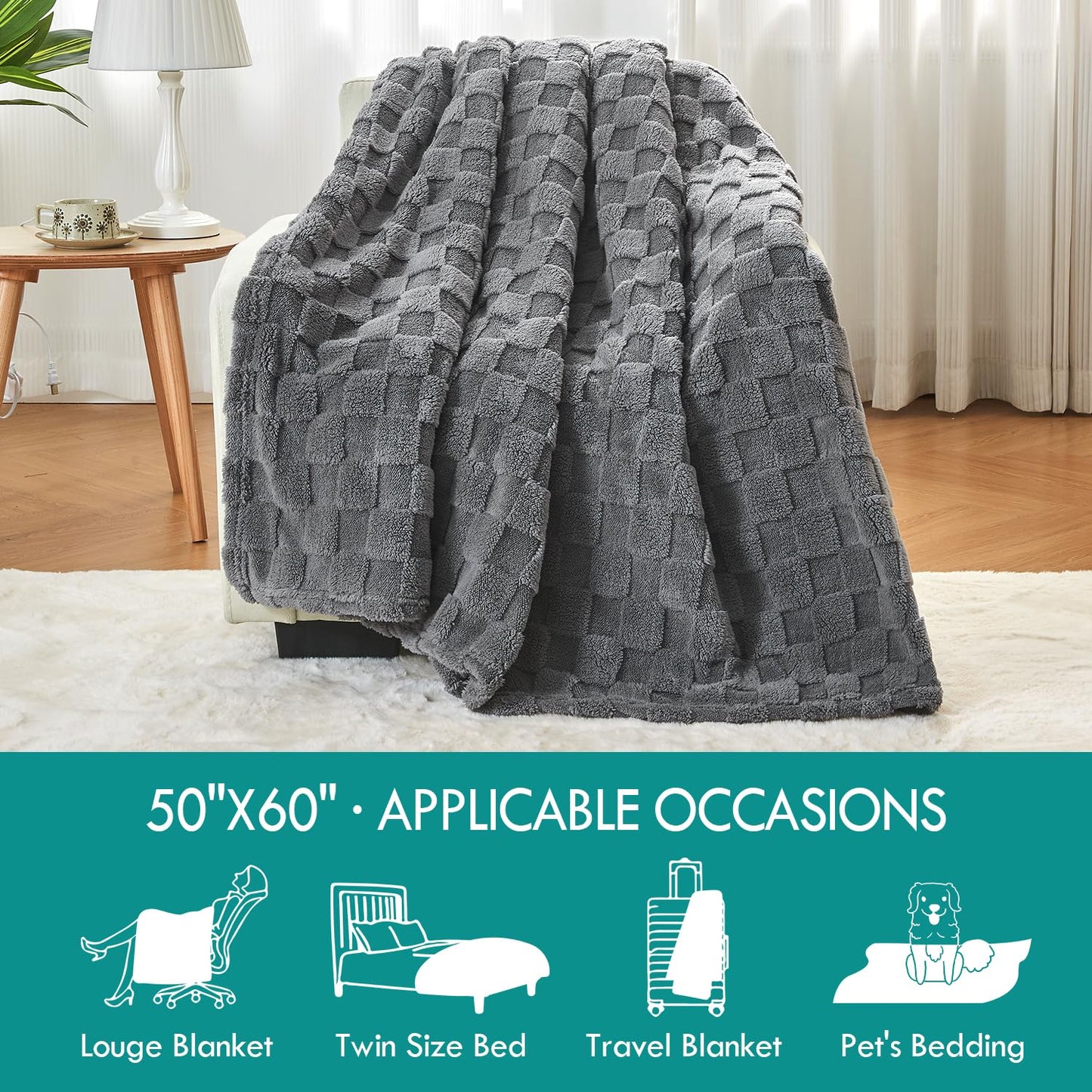 Kaisa Soft Throw Blanket, Premium Fleece Blanket for Couch Sofa Bed, Lightweight Plush Cozy Warm 3D Checkered Blanket for All Season Use, Fluffy Cute Blankets for Women, 50"x60", Gray