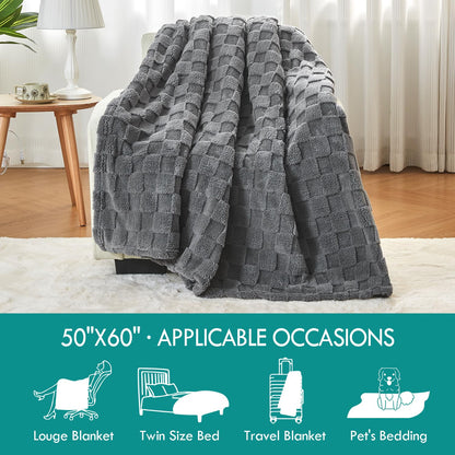 Kaisa Soft Throw Blanket, Premium Fleece Blanket for Couch Sofa Bed, Lightweight Plush Cozy Warm 3D Checkered Blanket for All Season Use, Fluffy Cute Blankets for Women, 50"x60", Gray