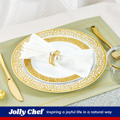 150 Count Gold Dinnerware Set, Elegant Plastic Plates Disposable Include: 25 Gold Lace Plastic Plates, 25 Dessert Plates, 25 Forks, 25 Knives, 25 Spoons, 25 Cup, Ideal for Party, Birthday