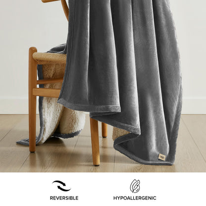 UGG 23858 Bliss Luxurious Oversized All Season Soft Plush Hypoallergenic Flannel Fleece Blanket Double Sided Machine Washable Decorative Accent Throw for Comfort and Warmth, 70 x 50-Inch, Charcoal
