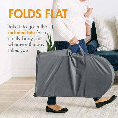 Boon Slant Portable Baby Bouncer - Folding Baby Seat for Infants - Lightweight Portable Baby Chair with Machine Washable Fabric and 3-Point Harness - Gray