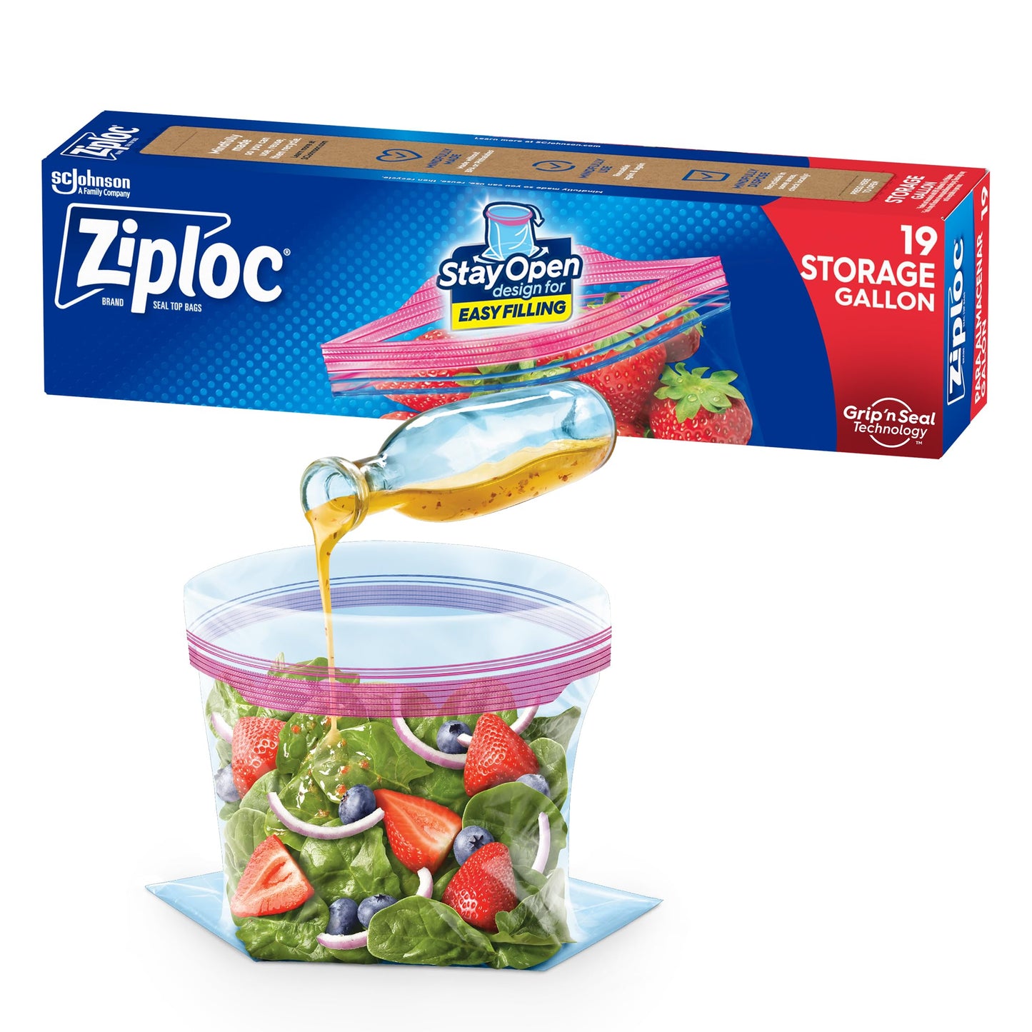 Ziploc Gallon Food Storage Bags, Stay Open Design with Stand-Up Bottom, Easy to Fill, 19 Count