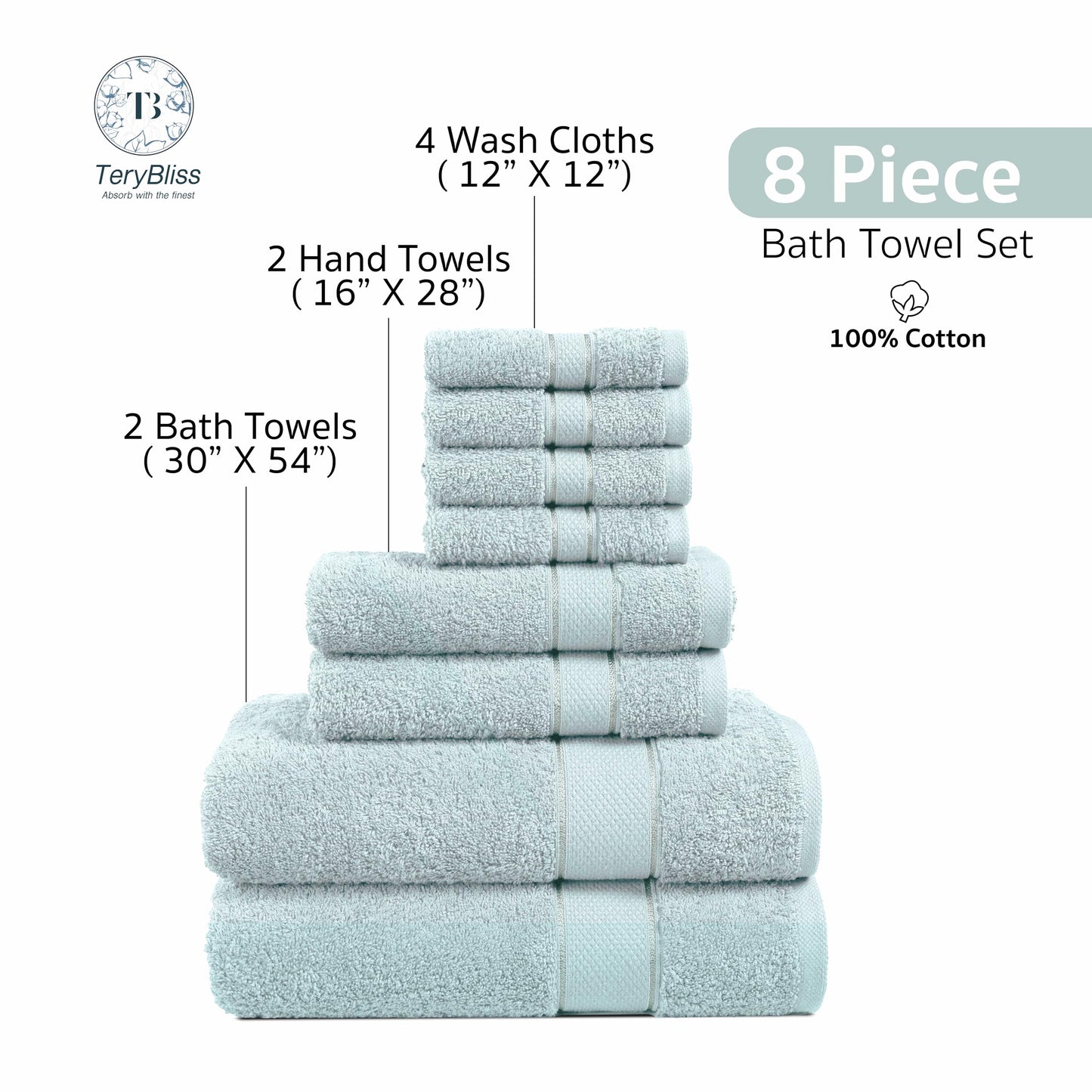 Terry Bliss 8-Piece Luxury Towel Set - 100% Ringspun Cotton, 550 GSM, Highly Absorbent, 2 Oversized Bath Towel, 2 Hand Towels, 4 Wash Cloths - Ideal for Everyday use, Hotel & Spa - Light Blue