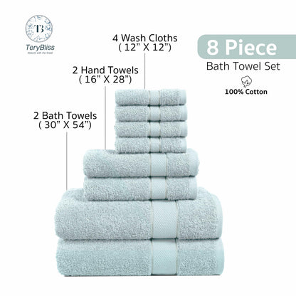 Terry Bliss 8-Piece Luxury Towel Set - 100% Ringspun Cotton, 550 GSM, Highly Absorbent, 2 Oversized Bath Towel, 2 Hand Towels, 4 Wash Cloths - Ideal for Everyday use, Hotel & Spa - Light Blue