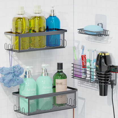 Weksi Shower Caddy 4 Pack Rustproof Shower Organizer Adhesive No Drilling Stainless Steel Bathroom Shower Shelves,Large Capacity Shower Rack with Soap Hairdryer Holder for Inside Bathroom/Dorm/Kitchen