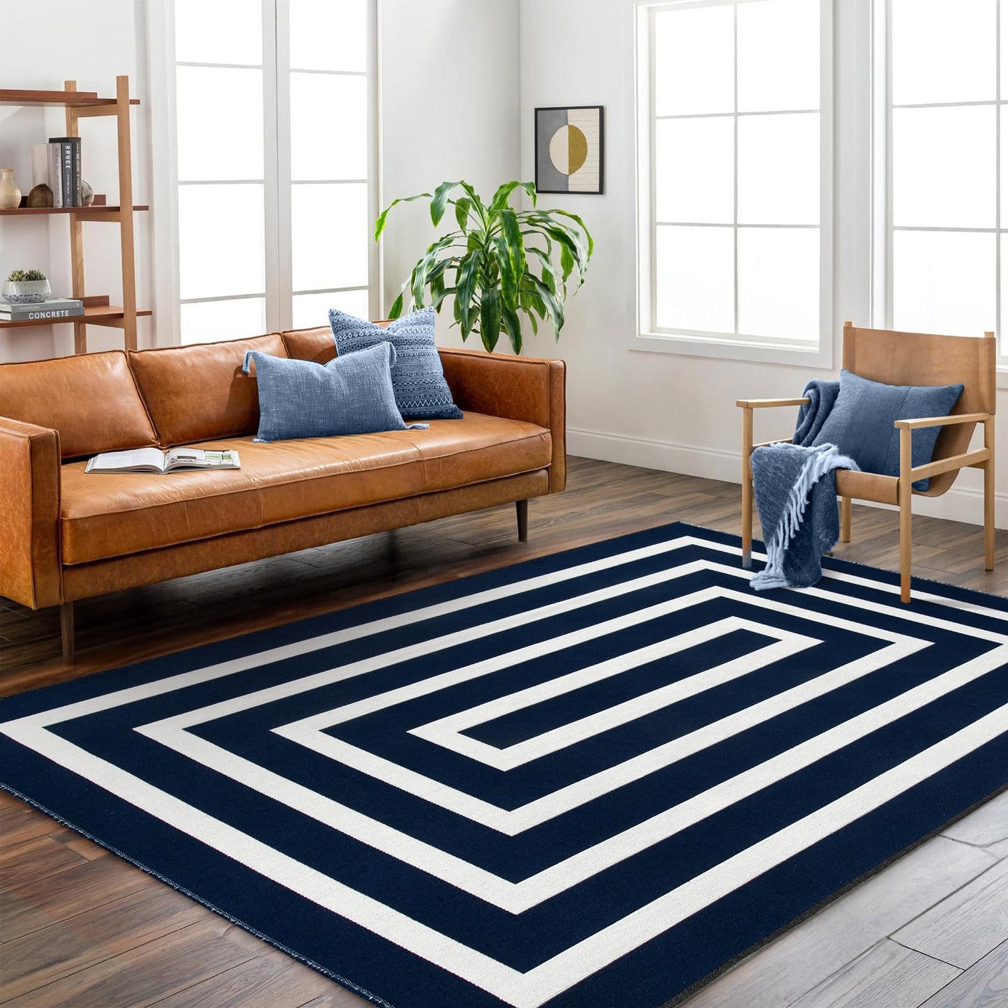 Lahome Modern Outdoor Patio Rug, Washable 5x8 Area Rug Living Room Bedroom Rugs Indoor Outdoor Cotton Rug, Farmhouse Woven Large Blue Geometric Carpet for Backyard Dining Porch
