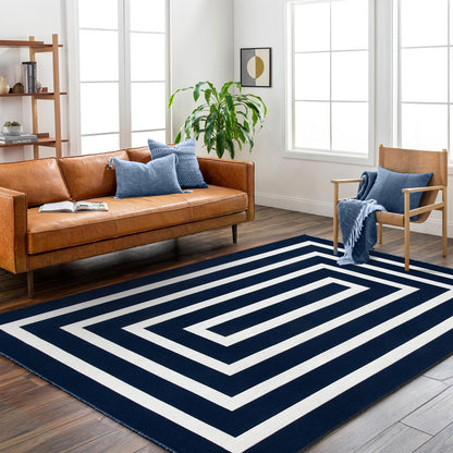 Lahome Modern Outdoor Patio Rug, Washable 5x8 Area Rug Living Room Bedroom Rugs Indoor Outdoor Cotton Rug, Farmhouse Woven Large Blue Geometric Carpet for Backyard Dining Porch