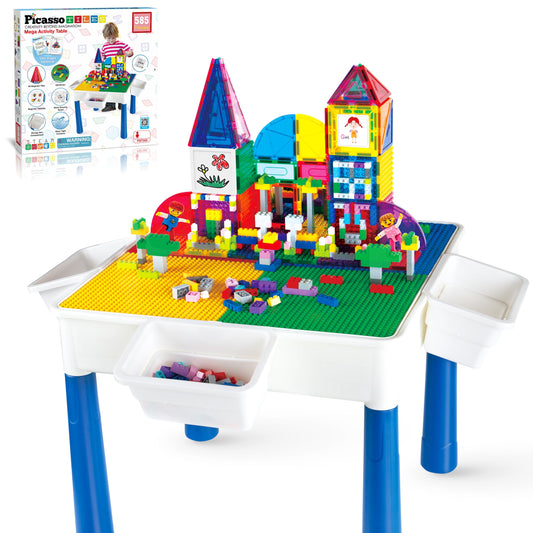 PicassoTiles 585pc Kids Activity Table with Magnetic Tiles and Bricks STEM Pretend Play Learning with Reversible Brick Whiteboard Tabletop Storage Bins and Extra Add-On Toys Boys Girls Ages 3+ PBT585