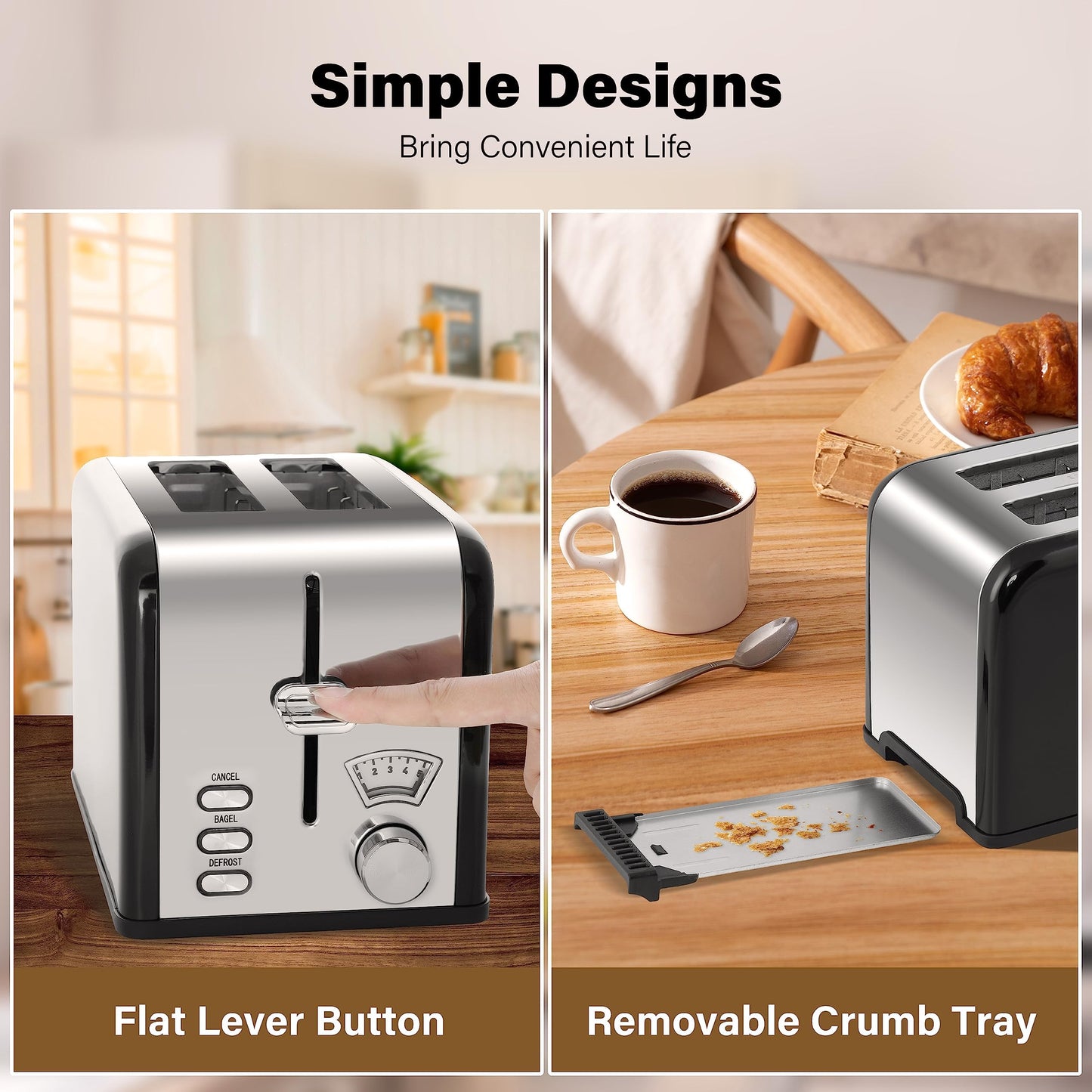 Simple Deluxe 1.5" Wide Slot 2-Slice Toaster, 5 Browning Setting and 3 Function, Retro Stainless-Steel Style, Removable Crumb Tray, Kitchen Essentials, for Bagel, Black