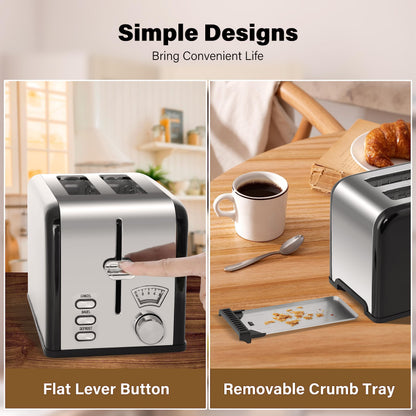 Simple Deluxe 1.5" Wide Slot 2-Slice Toaster, 5 Browning Setting and 3 Function, Retro Stainless-Steel Style, Removable Crumb Tray, Kitchen Essentials, for Bagel, Black