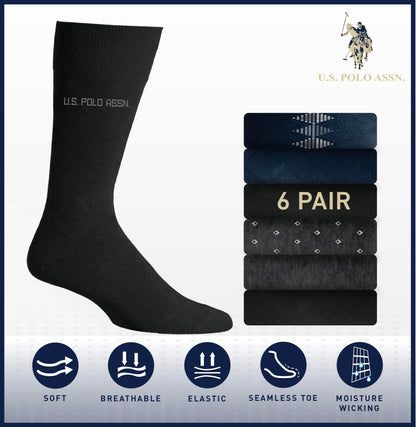 U.S. Polo Assn. 6 Pair Men's Crew Length Soft Dress Socks - Breathable & Moisture Control Socks for Indoor or Outdoor Wear, BLK 7509 (Shoe Size 6-12)