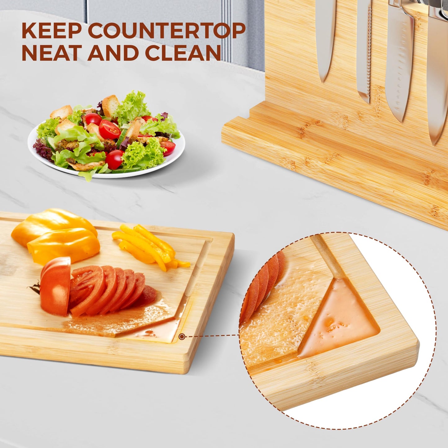 Magnetic Knife Block for up to 16 x 9″ Knives - Powerful Double-Sided Bamboo Magnetic Knife Holder with Cutting Board with Knife Sharpener, Easy-Access Kitchen Knife Storage - Supplied Without Knives