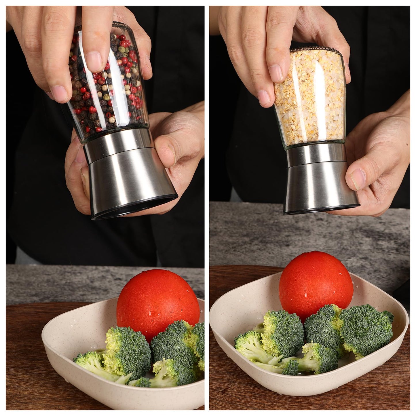 LIVITUP Salt and Pepper Grinder Set Refillable, Salt Pepper Grinder Shaker Stainless Steel Glass Pepper Mill with Adjustable Coarseness