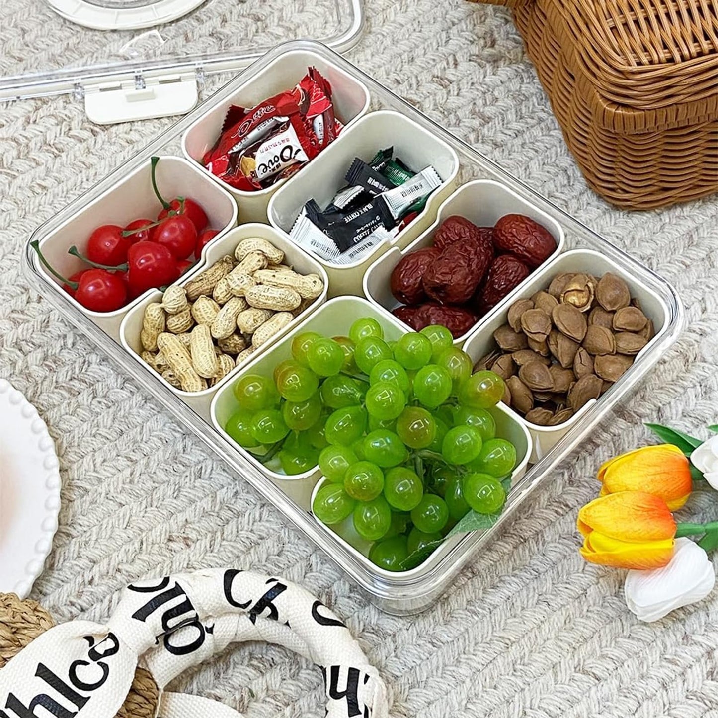 2Pack Divided Serving Tray with Lid and Handle, Snackle Box Container Snack Tray with Lid Candy Organizer Veggie Fruit Storage Containers for Fridge and Party Entertaining Picnic (8 Compartments)