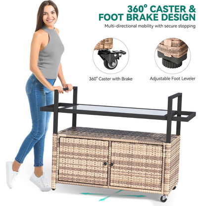 YITAHOME Outdoor Kitchen Rolling Cart with Glass Top