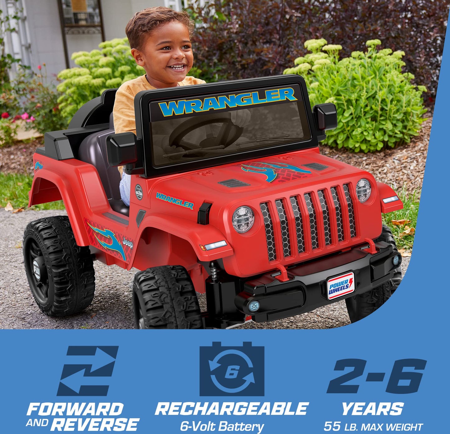 Power Wheels Jeep Wrangler Toddler Ride-On Toy with Driving Sounds, Multi-Terrain Traction, Seats 1, Red, Ages 2+ Years