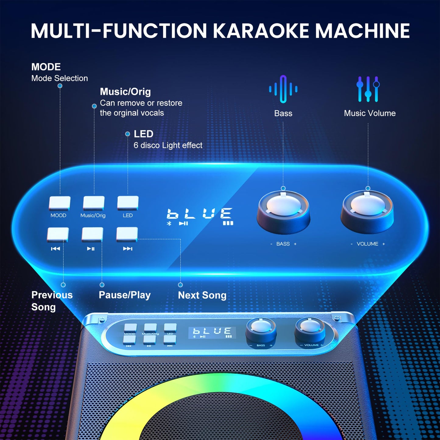Karaoke Machine, Portable Bluetooth Speaker with 2 Wireless Microphones for Adults Kids with LED Lights, PA System Speaker Supports Echo/USB/TF/AUX Stereo Sound Enhanced Bass for Home Party Birthday