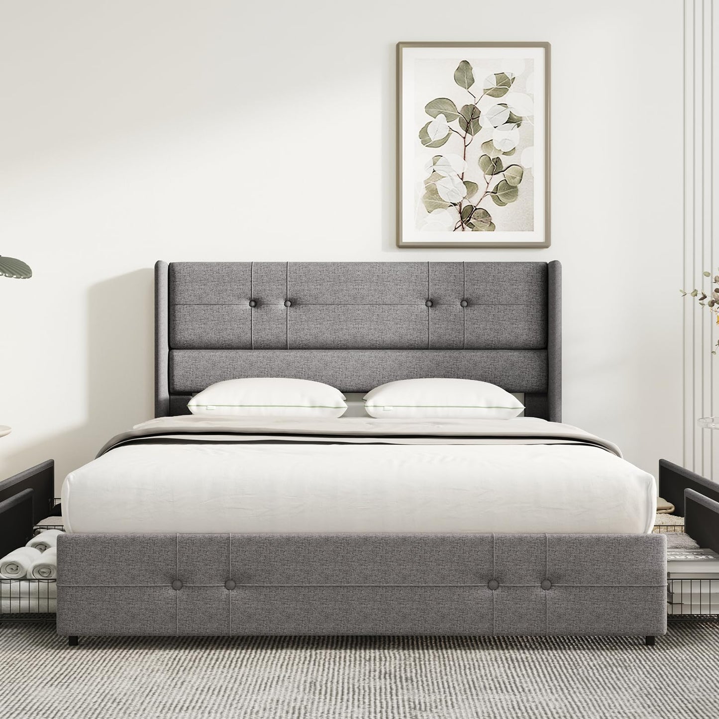 Novilla Upholstered Full Size Bed Frame Platform with 4 Storage Drawers and Fabric Headboard, Non-Slip and Noise-Free Full Bed Frame, Strong Wooden Slats, No Box Spring Needed, Grey