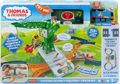 Thomas & Friends Motorized Toy Train Set, Talking Cranky Delivery with Track, Sounds & Phrases for Pretend Play Preschool Kids Ages 3+ Years