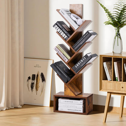 COSYSUPER Tree Bookshelf - 6 Shelf Retro Floor Standing Bookcase, Tall Wood Book Storage Rack for CDs/Movies/Books, Utility Book Organizer Shelves for Bedroom, Living Room, Home Office Rustic Brown