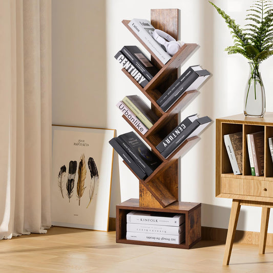 COSYSUPER Tree Bookshelf - 6 Shelf Retro Floor Standing Bookcase, Tall Wood Book Storage Rack for CDs/Movies/Books, Utility Book Organizer Shelves for Bedroom, Living Room, Home Office Rustic Brown