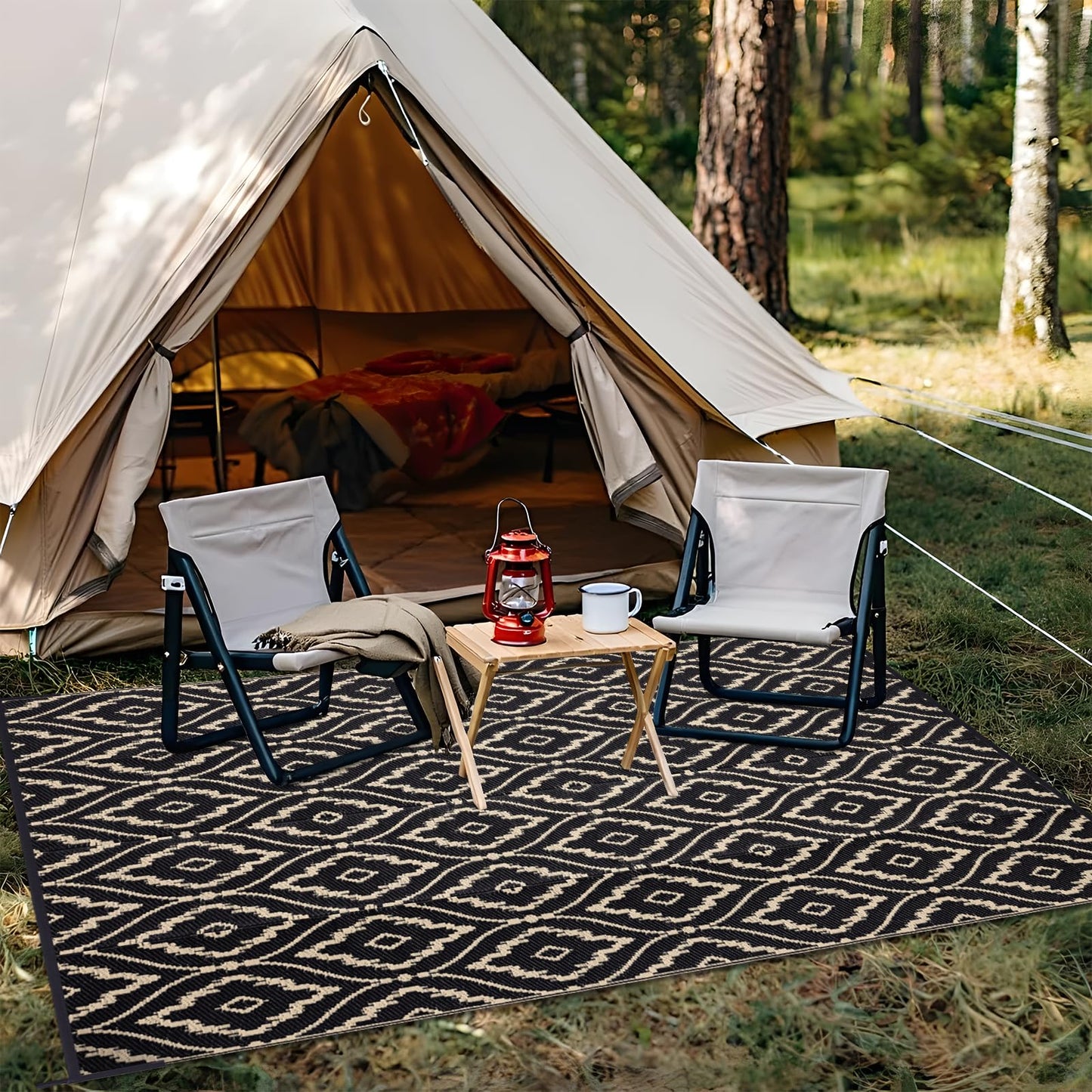 OLANLY Outdoor Rug 6x9 ft Waterproof, Outdoor Plastic Straw Rug with Geometric Pattern Clearance, Reversible RV Mat for Patio, Camping, Balcony, Deck, Backyard, Black & Beige