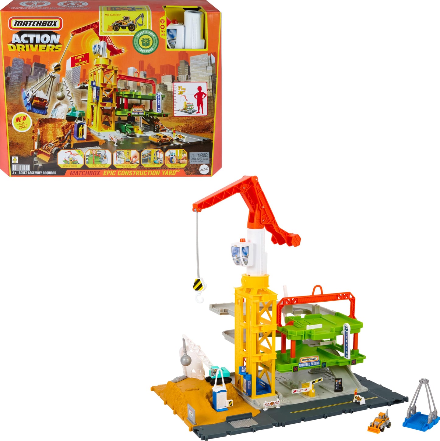 Matchbox Toy Cars & Playset, Action Drivers Epic Construction Yard, 20-in Tall Working Crane & 1:64 Scale Back Hoe & Accessories