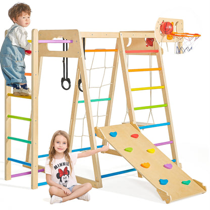 Indoor Jungle Gym - Indoor Playground, 8-in-1 Climbing Toys for Toddlers 1-3 Inside, Montessori Play Gym Playground Sets with Basketball, Slide, Climbing Wall/Net, Monkey Bars and Swing