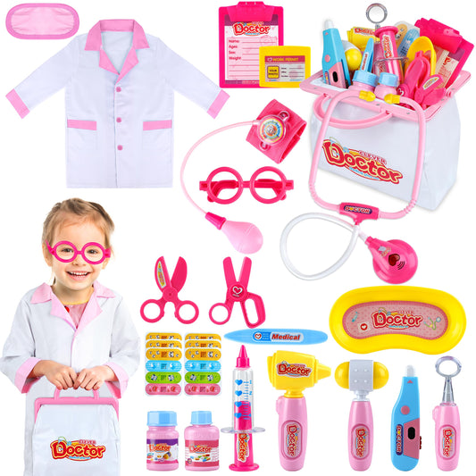 INNOCHEER Pink Doctor Kit for Kids, 25 Pcs Doctor Kit for Toddlers, Kids Doctors Play Set with Kids Doctor Costume, Kids Doctor Kit Birthday Christmas Princess Gifts Toys for 3 4 5 6 7+ Year Old Girls