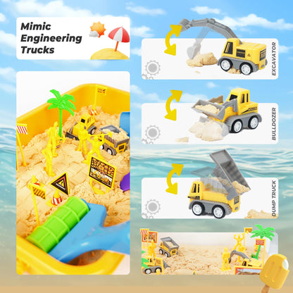 SMILESSKIDDO Construction Sand Play Set - Sensory Bin with 3.3lbs Magic Sand, 3 Construction Vehicles, 4 Worker Figures and 12 Road Signs, Sand Box Toys for Kids