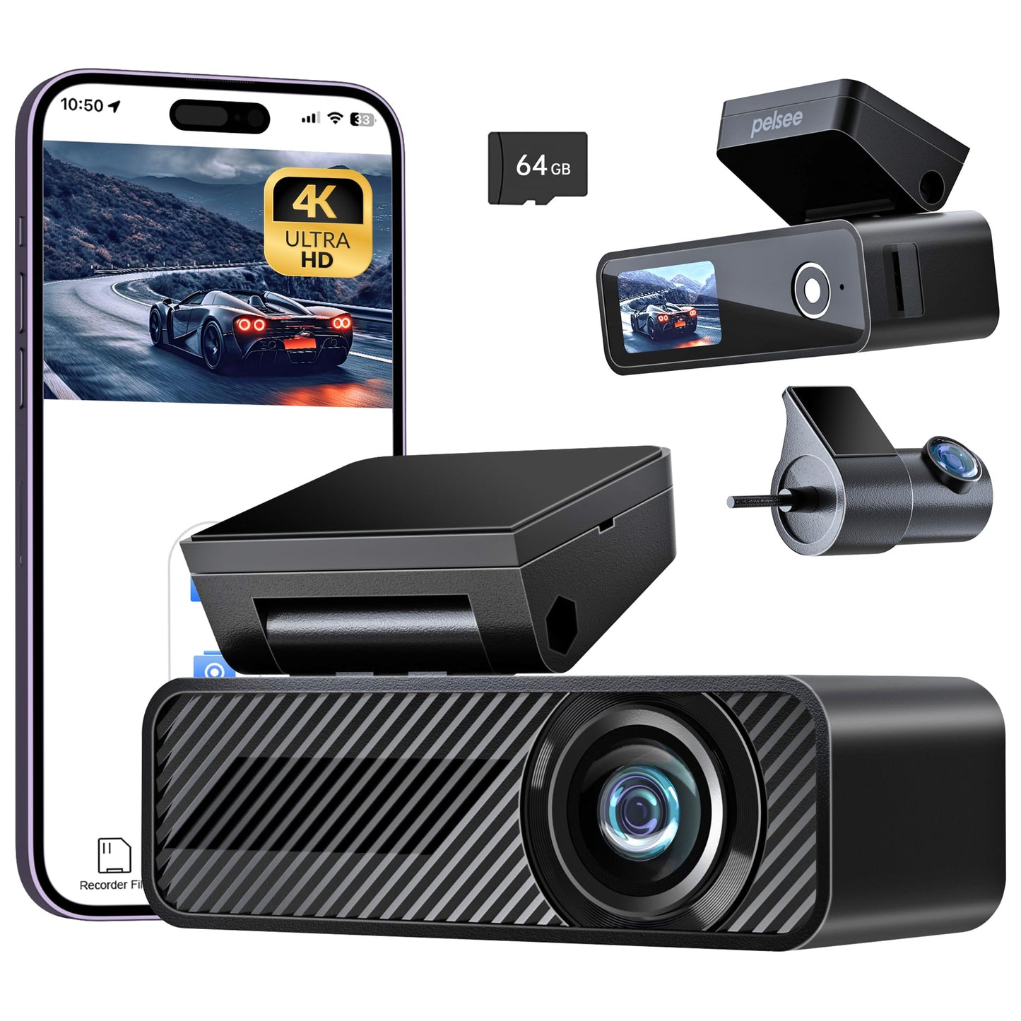 Pelsee 4K Dual Dash Cam with Night Vision And app