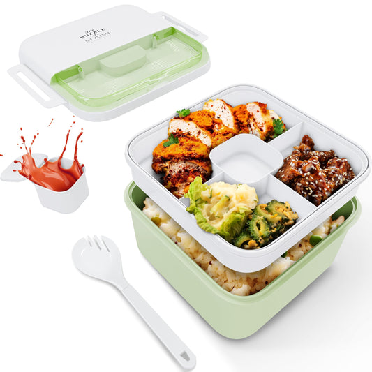 Earth&ME Bento Lunch Box For Kids Adults, 1100 Ml Lunch Box Container With 2 Floors 3 Compartments, Leak-proof Sauce Container, Spork, Bento Box For School Office Travel, Green