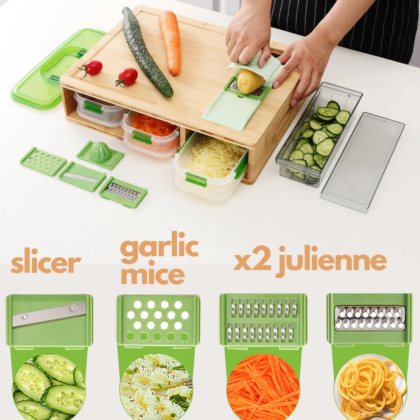 Smart Bamboo Cutting Board With Containers, Locking Lid, and Built-in GRATER. Easy To Clean Food Prep Station With Trays. Extra Large Smart Cutting Board Set with Stackable Containers For Easy Storage