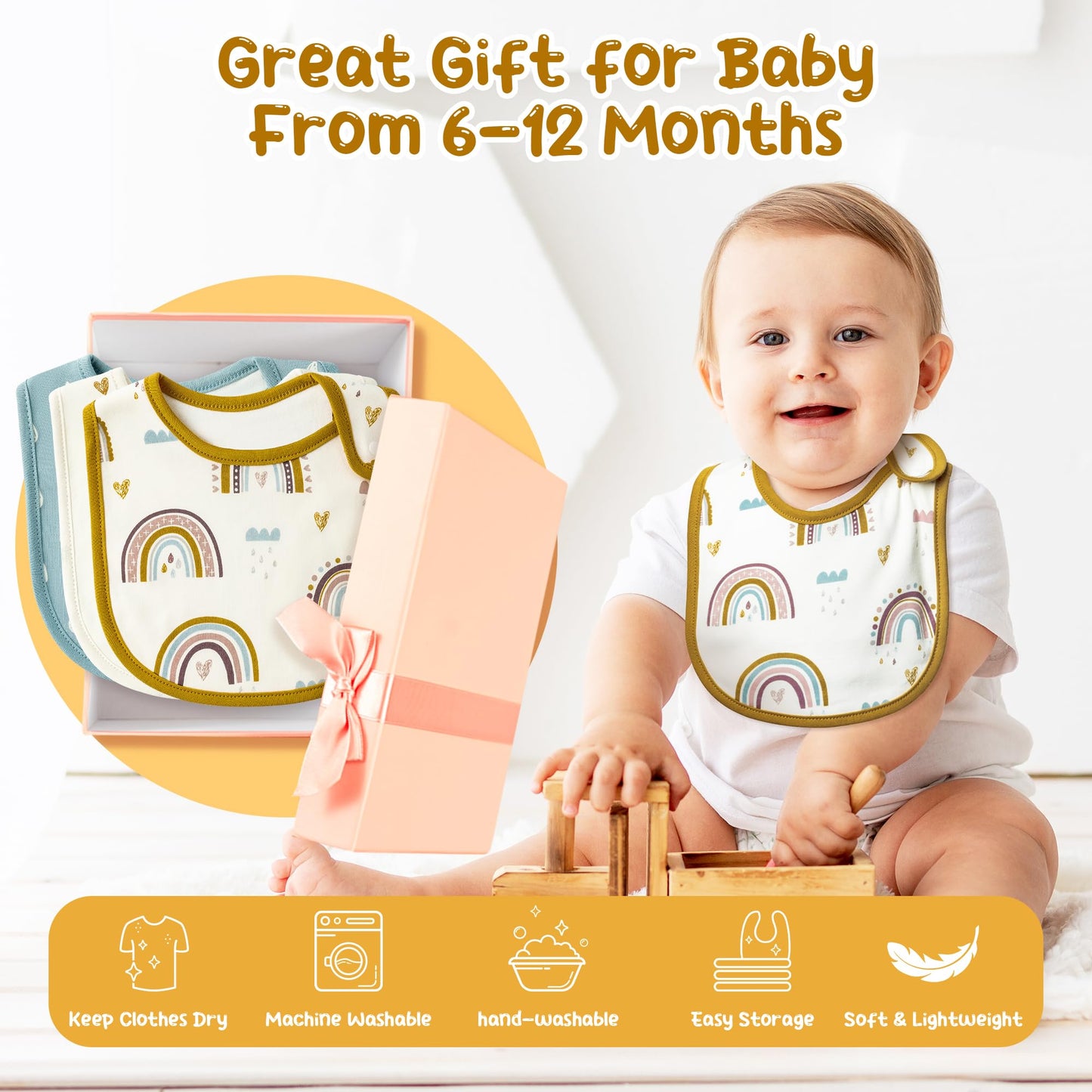 2ooya Cotton Drooling Baby Bib - 3Pcs Unisex Boy Girl Cotton Teething Infant Bibs with Adjustable Buttons Boho Rainbow Toddler Food Bibs Keepsake Baby Gift Photo Props for Baby Shower(6-12 months)