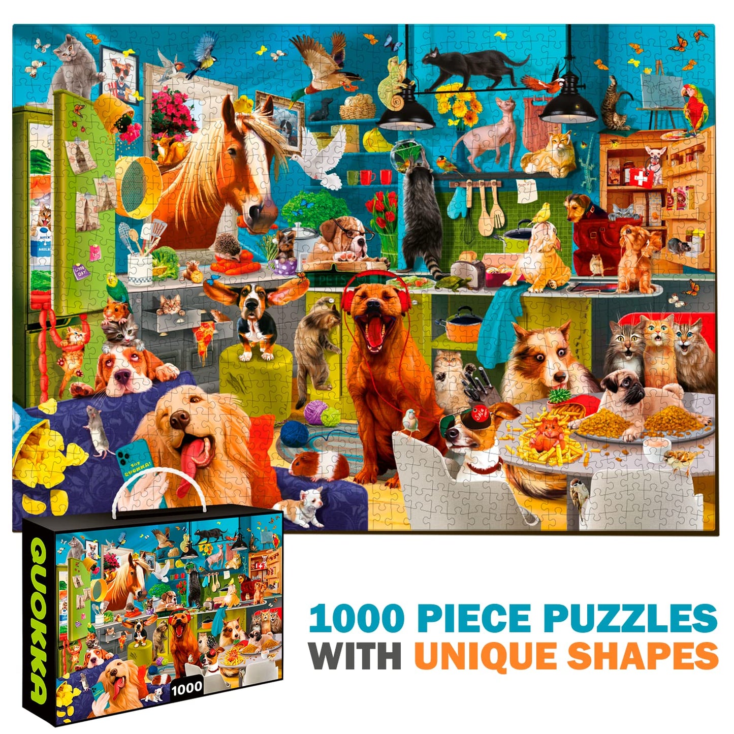 QUOKKA Jigsaw Puzzles 1000 Pieces for Adults and Up- Set of 3 Puzzles for Men and Women - Funny Animals for Kids Ages 8-12 and Up - Colourful Game with Cats Dogs Pets for Family