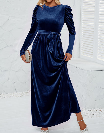 ZESICA Women's Velvet Maxi Dress Long Puff Sleeve Crew Neck Elastic High Waist Cocktail Party Bridesmaid Dresses,Navy,X-Large