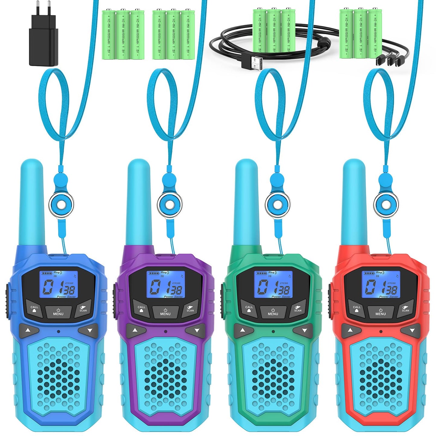 Kids Walkie Talkies,Rechargeable Walky Talky for Adults Children (4Packs, Blue Green Red Purple)