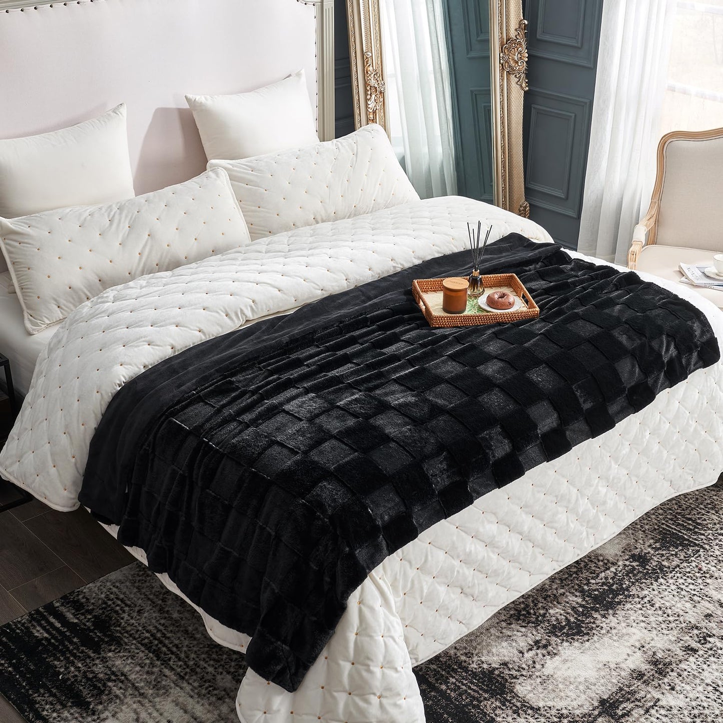 Cozy Bliss Checkered Faux Fur Throw Blanket