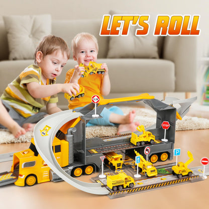 Carsky Truck Toy Cars for Toddlers Race Track Playset, 7in1 Construction Truck Toys in Transport Car Carrier, Cars Toys Gift for Age 2 3 4 5 Years Old Boys Kids