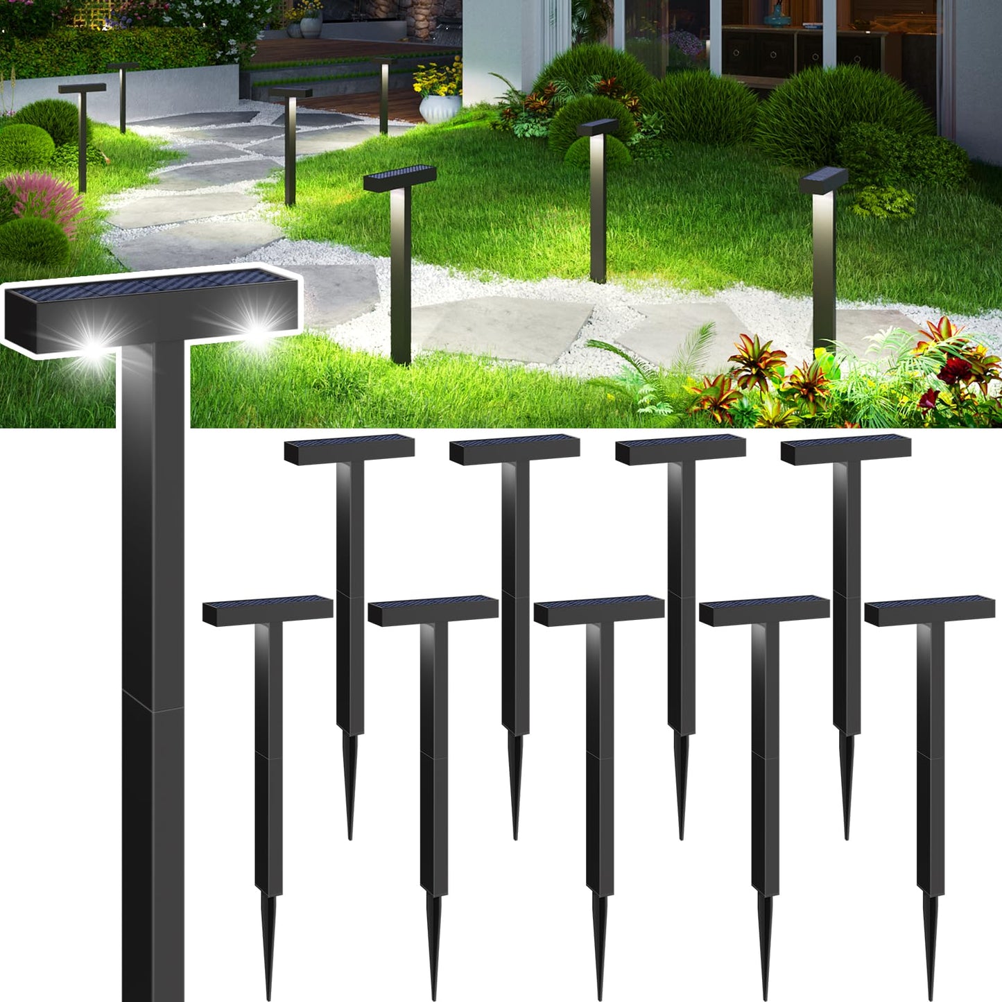 KINKAI Solar Pathway Lights Outdoor, 10 Pack T Shape Solar Walkway Lights for Outside Waterproof, Auto On/Off Solar Powered Garden Lights, Decor Landscape Lighting for Yard, Patio, Lawn (White Light)