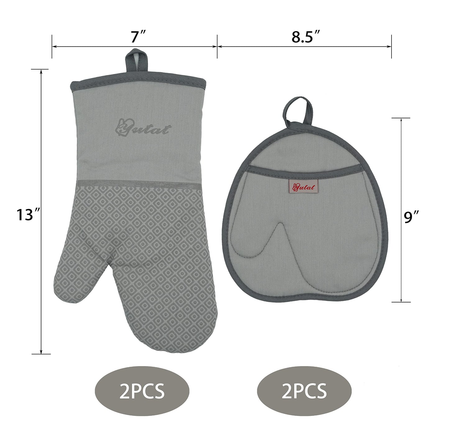 Yutat Silicone Oven Mitts - Oven Mitts and Pot Holders Sets made of Non-Slip Silicone & BPA-Free Silicone, High Heat Resistant 500 Degrees, Perfect for Kitchen Cooking Baking BBQ, 4Pcs Set, Light Grey