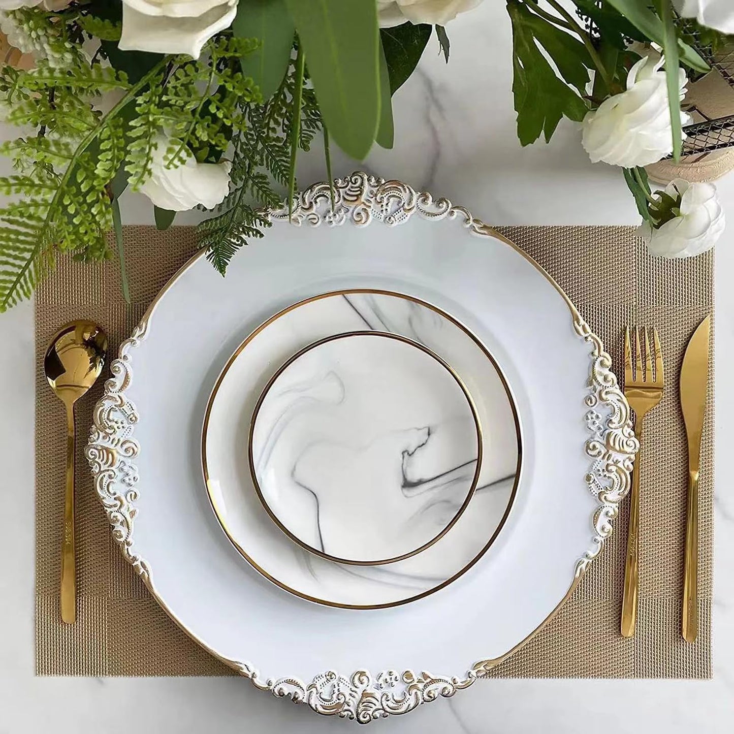 Junnfun White Charger Plates Set of 6,White Chargers for Dinner Plates,Plastic Charger Plates White and Gold Rim Charger Plates,Vintage Plate Chargers for Table Settings,Sturdy and Beautiful