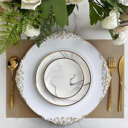 Junnfun White Charger Plates Set of 6,White Chargers for Dinner Plates,Plastic Charger Plates White and Gold Rim Charger Plates,Vintage Plate Chargers for Table Settings,Sturdy and Beautiful