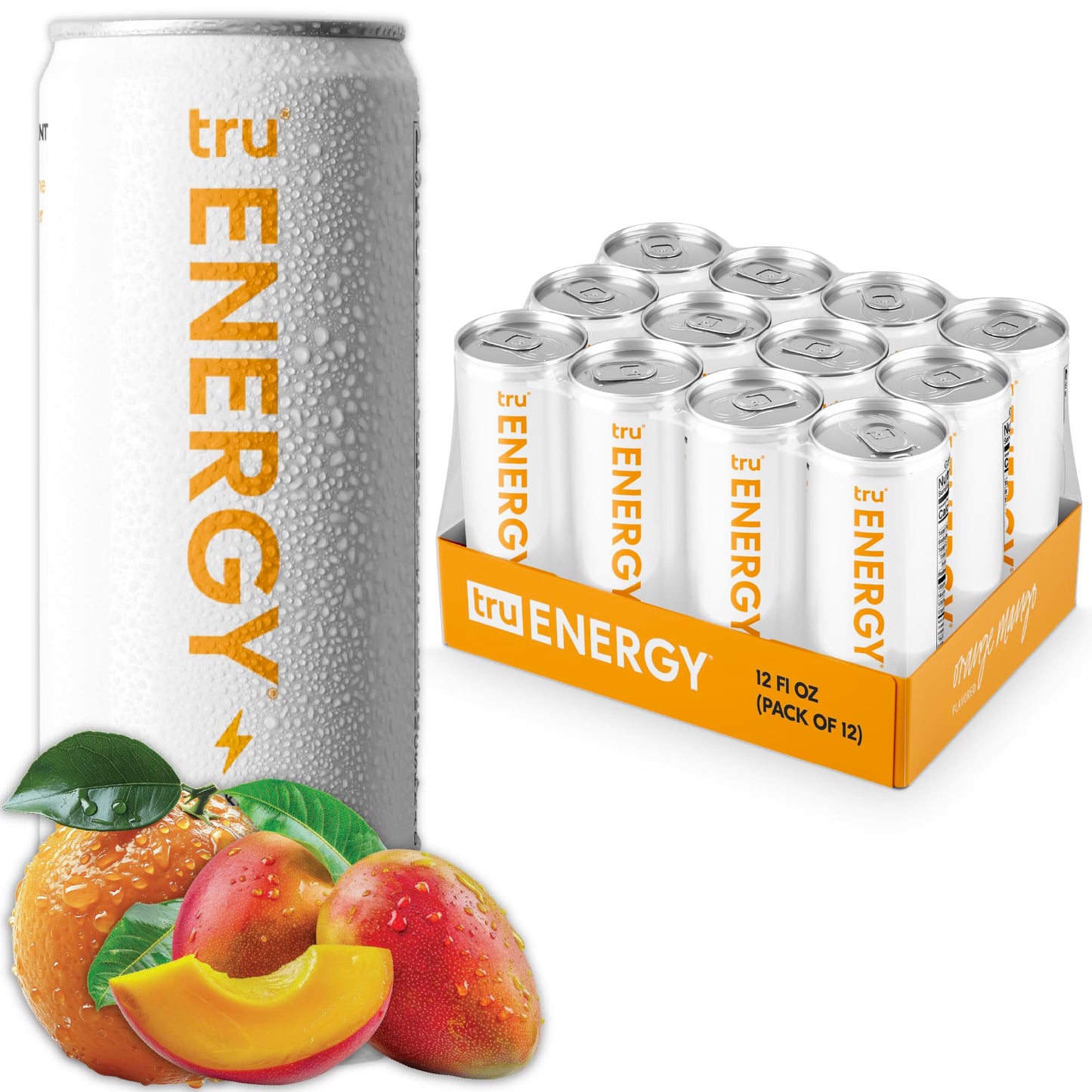 Tru Energy Seltzer, Clean Energy Drinks with Green Tea, Mango Fruit Juice Flavored Sparkling Water, 100 mg Natural Caffeine, Kosher, Gluten Free, Vegan, Low Calories, No Sugar Added Beverages, 12oz (Pack of 12)