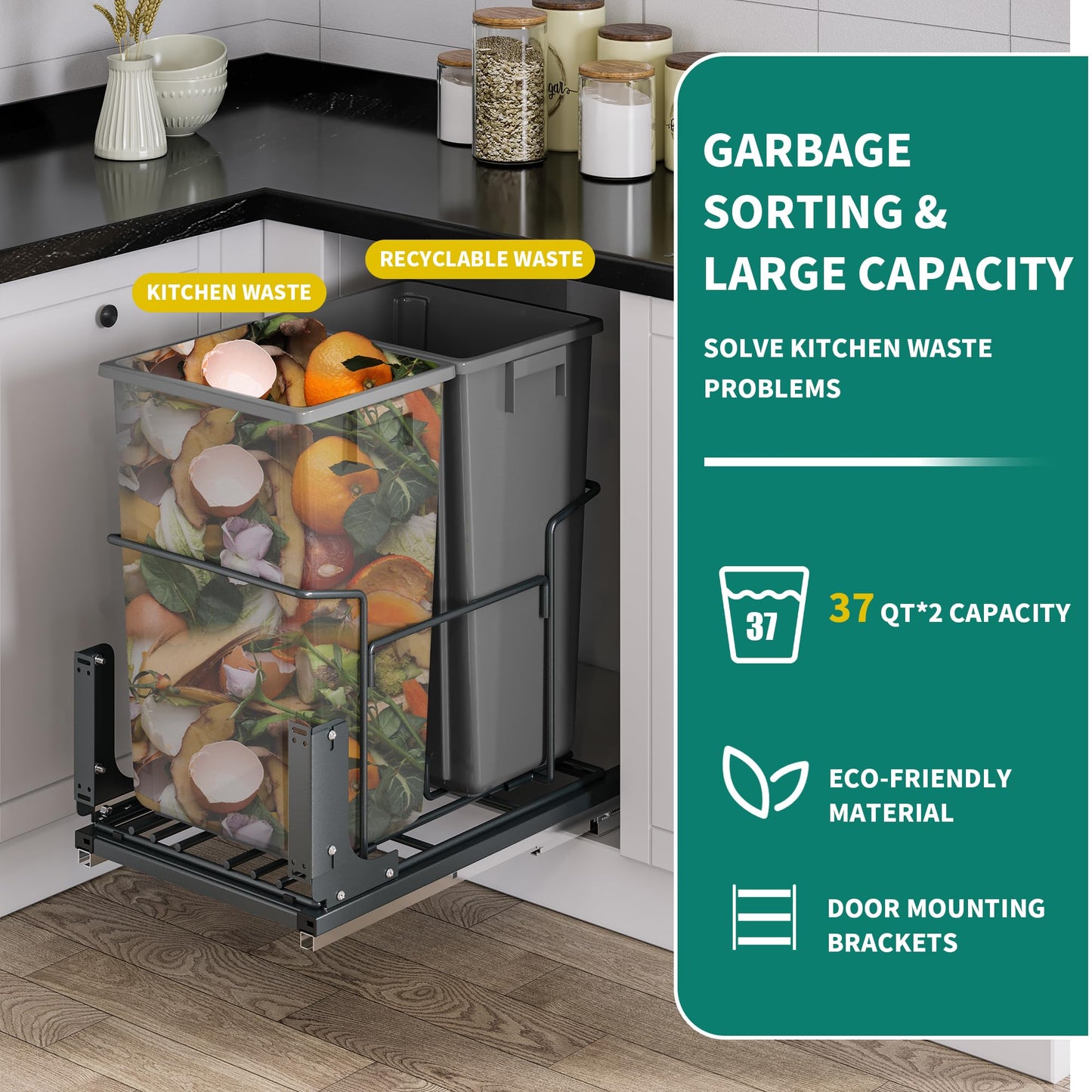 YITAHOME Double 37 Quart Pull-Out Trash Can Recycling Bin with Soft-Close Slides Minimum Cabinets, Sliding Under Mount Kitchen Waste Garbage Container for 19.3" W x 25.2" D x 25" H, Dull Gray