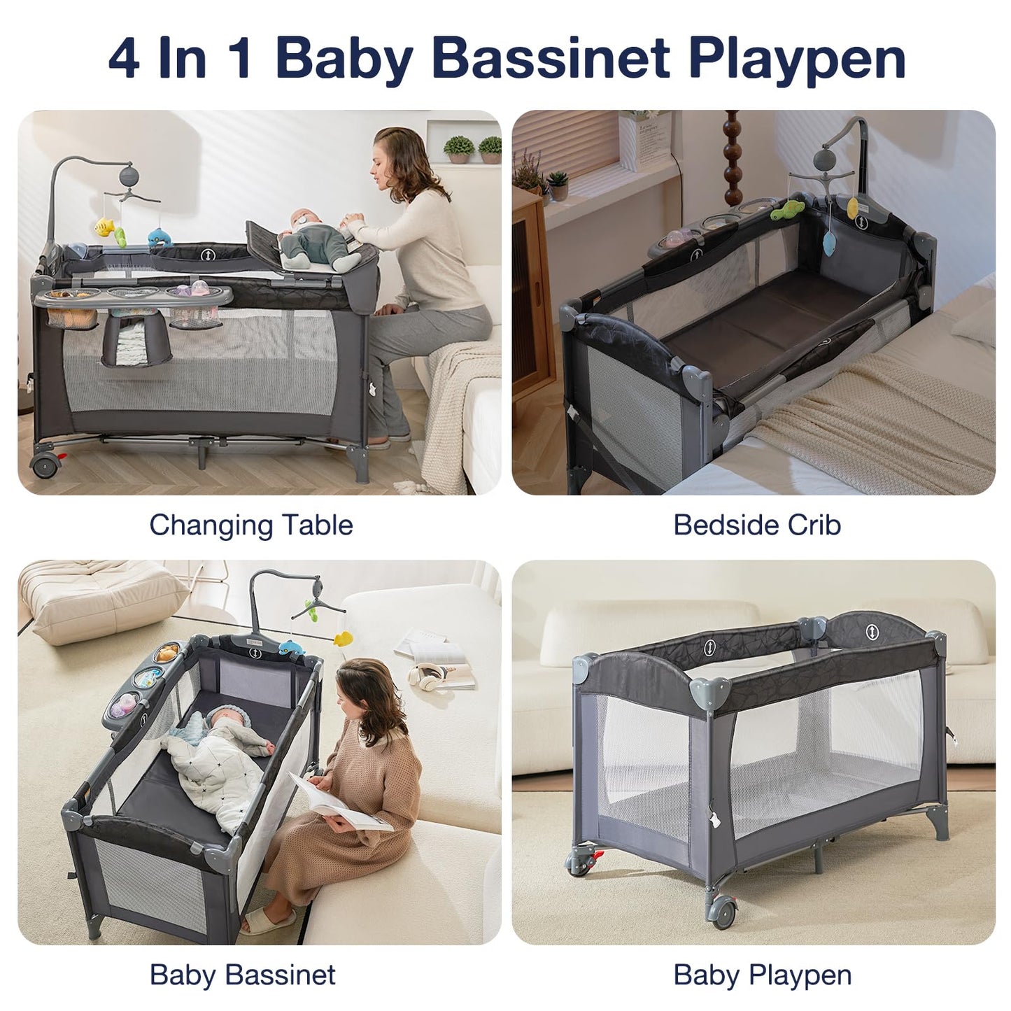 RONBEI 4-in-1 Portable Baby Crib Playard
