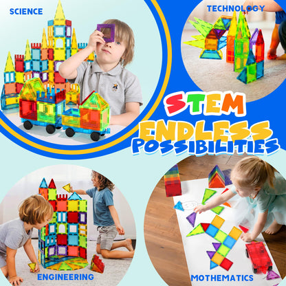 W WISE BLOCK Magnetic Tiles for Kids Ages 3-5 4-8, 131PCS Magnetic Blocks with 2 Cars, Learning Magnetic Building Blocks Sets, Educational Magnets Tiles Toys for Boys Kids Ages 3 4 5 6 7 8 9