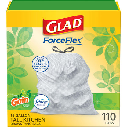 Glad ForceFlex Tall Kitchen Trash Bags, 13 Gal, Gain Original with Febreze, 110 Ct (Pack May Vary)